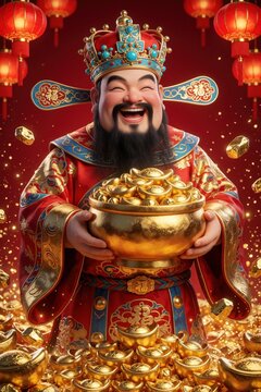 Chinese God of Wealth Cai Shen holds large gold bowl filled with sycee ingots. Smiling deity wears red traditional costume, ornate crown. Red lanterns hang in background with floating gold coins.