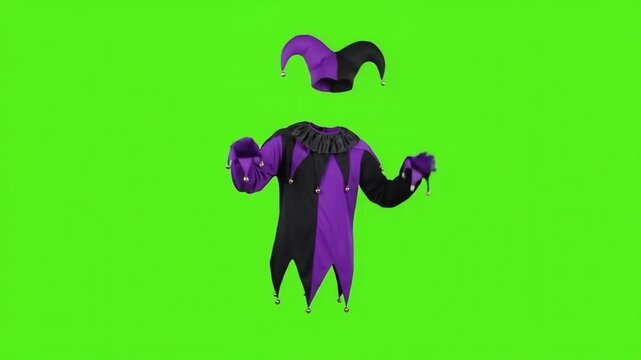 Premium 4K Floating Invisible Jester Costume Dancing and Gesturing on Chroma Key Green Screen for Halloween Horror Projects