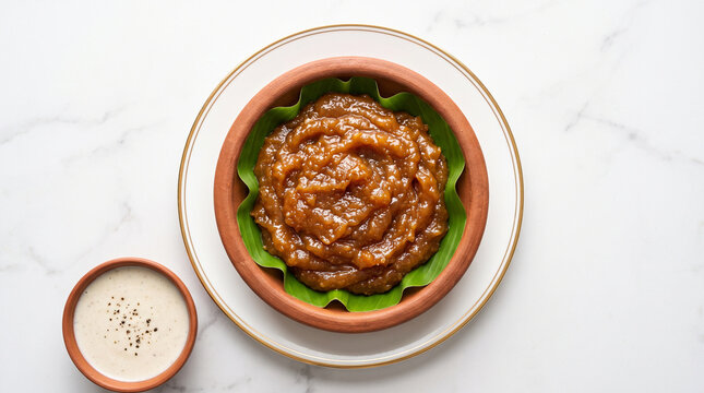Chakkara pongal served in a traditional clay bowl with accompaniments on a clean transparent surface.