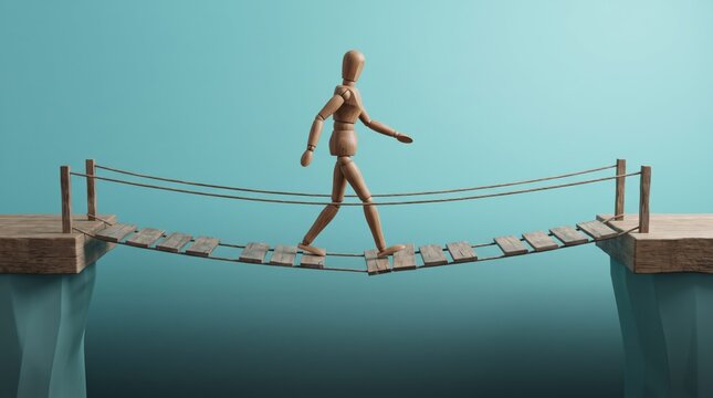 Mannequin balancing on a tightrope over water