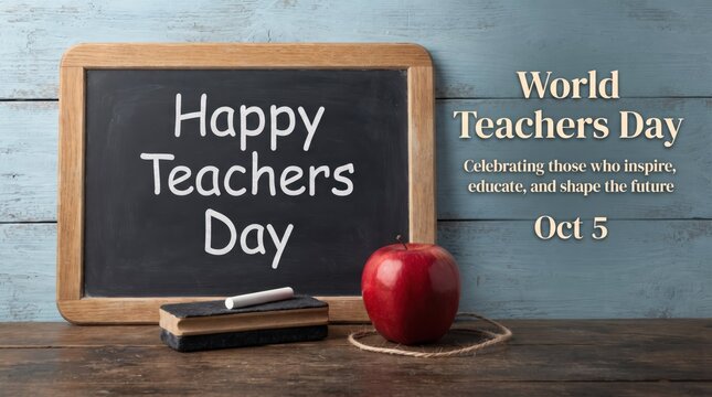Happy teachers day chalkboard with apple on wooden desk