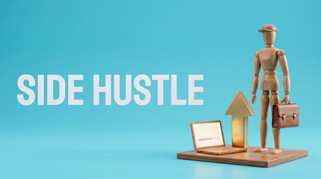 Side hustle illustration with upward arrow, briefcase, and laptop