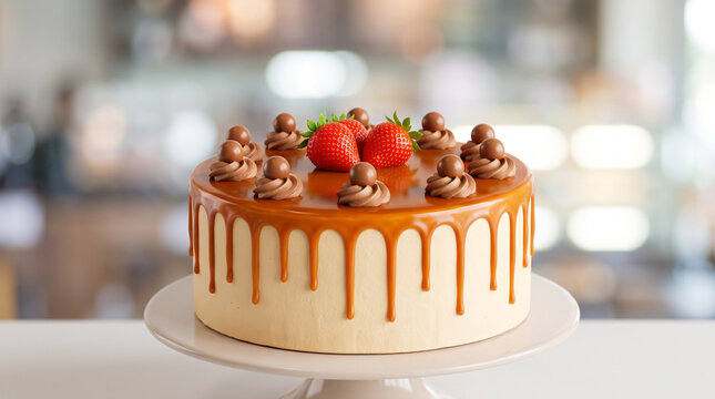Caramel drip cake sits on a transparent background stand decorated with chocolate spheres and fresh strawberries.