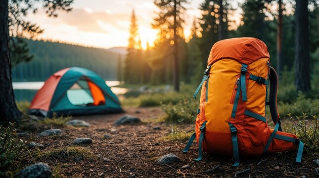 Colorful hiking backpack sits on forest ground near camping tent. Outdoor gear ready for mountain trek at sunset. Active traveler prepare for wilderness adventure trip in pine woodland by calm lake.