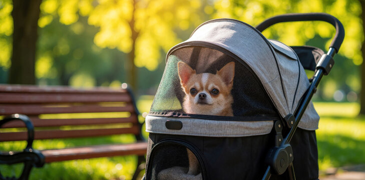 Tiny chihuahua sits inside fashionable dog stroller with mesh cover in sunny park. Small pet dog enjoys outdoor walk, relaxing leisure time. Cute canine companion travels in pet pushchair on green