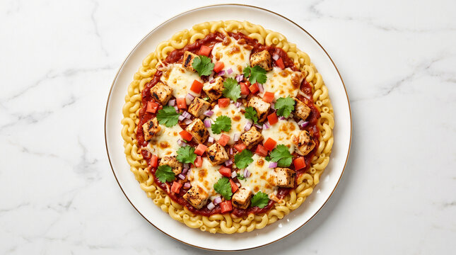 Pizza featuring a unique crust made from pasta macaroni topped with melted cheese and fresh herbs.