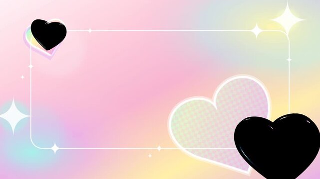 Pastel holographic dreamscape framing floating chrome metallic hearts and starburst sparkles for modern