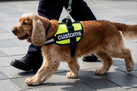 Golden cocker spaniel dog wearing yellow customs vest walks with handler at airport terminal. Pro service animal performs sniffing duty for security control. K9 canine unit detects illegal items in