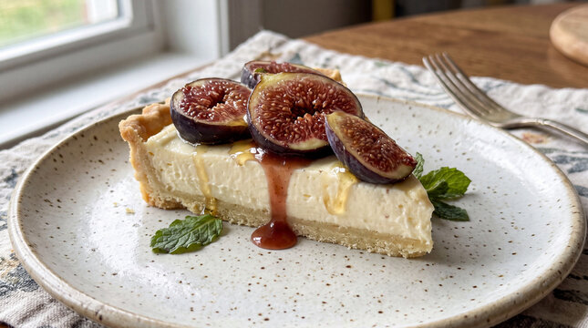 Creamy cheesecake slice topped with fresh sliced figs, mint leaves and berry syrup, served on a rustic ceramic plate by a sunlit window. Ideal for bakery, cafe, recipe and food blog use.