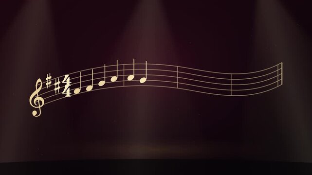 Golden musical notation of Ode to Joy flows across a warm burgundy concert hall stage lit by soft spotlights. Notes build in sequence with cinematic lighting. Suited for classical music and award.