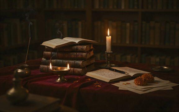 Antique books stacked with lit candle and oil lamp during dim evening light in library