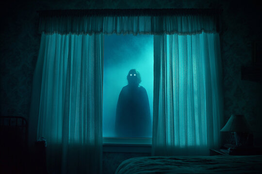 A ghostly figure with glowing eyes stands behind the curtains of an open window in a bedroom at night