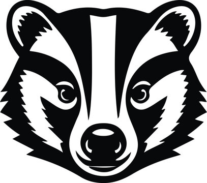 A single badger face, front-facing with stripe pattern, bold black outline, minimalist flat design, white background, logo optimized.
