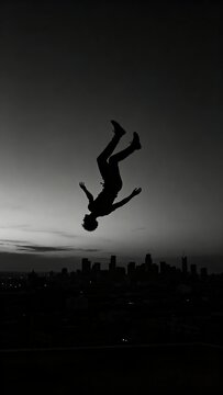 Silhouette of Man Flipping Against Urban Skyline at Dusk