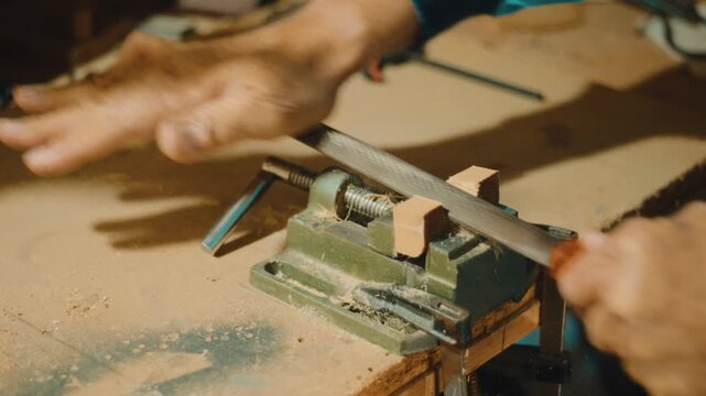 Macro shot of skilled hands using a metal file to shape a wooden piece clamped in a vise. Focus on texture, precision and craftsmanship for woodworking and DIY content