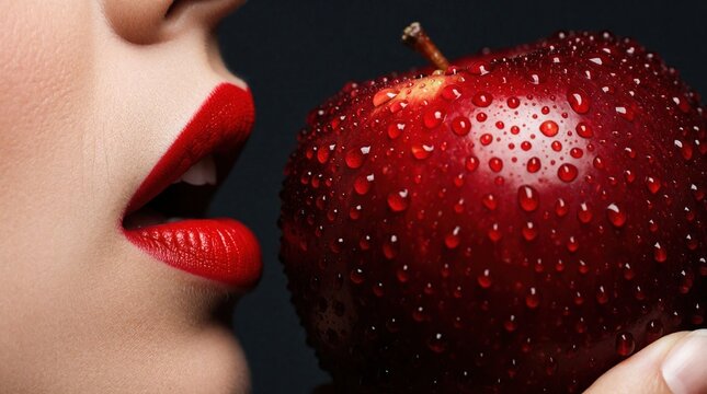 Close up profile of beautiful woman with bright red lips biting juicy red apple. Macro shot of female mouth near fresh fruit with water drops. Sensual eating concept on dark background. Tempting