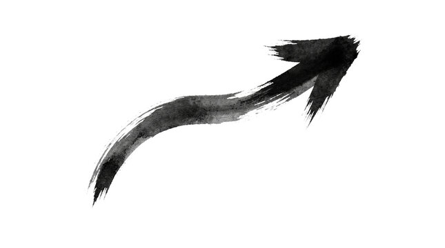 Abstract black ink brush stroke arrow pointing upwards and to the right on a white background