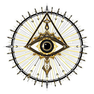 Mystical tarot card style illustration of an all-seeing eye of providence