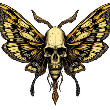 Mystical tarot card style illustration of a moth with a human skull