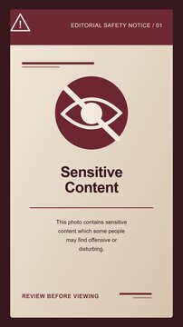 Vertical sensitive content warning card with crossed-out eye icon, restricted label, and editorial safety notice text. Burgundy and cream layout flags hidden or disturbing media for censorship.