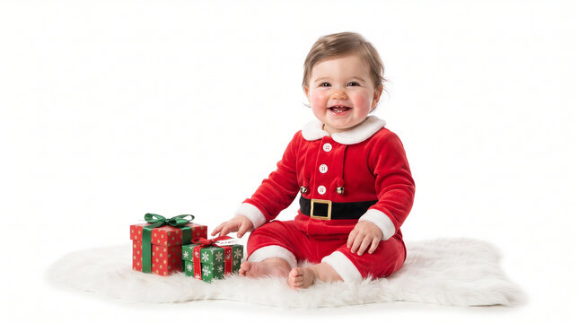 Adorable baby in Santa suit smiling with Christmas presents on white fluffy rug