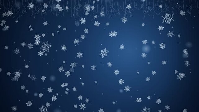 Realistic crystal snowflakes gently falling and drifting across deep blue winter background