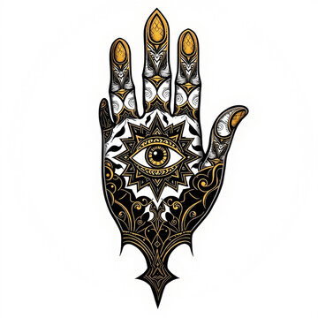 Mystical tarot card illustration of an ornate hand with an eye