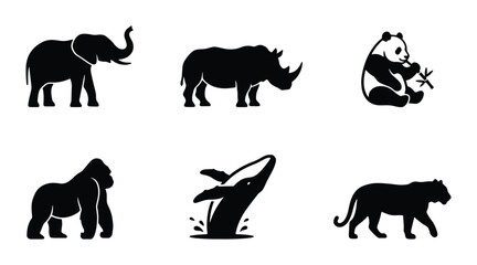 Fototapeta premium African Elephant, Rhinoceros, Panda Bear, Gorilla, Whale, Big Cat Silhouettes: Wildlife Icons Set