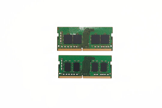 Two laptop RAM memory modules with green circuit boards and black memory chips, isolated on a transparent background.