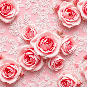 Luxurious seamless pattern with pink roses and white lace