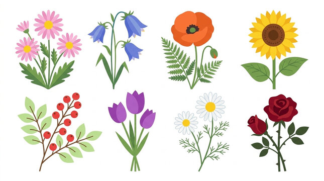 Set of colorful flat vector flowers botanical design element