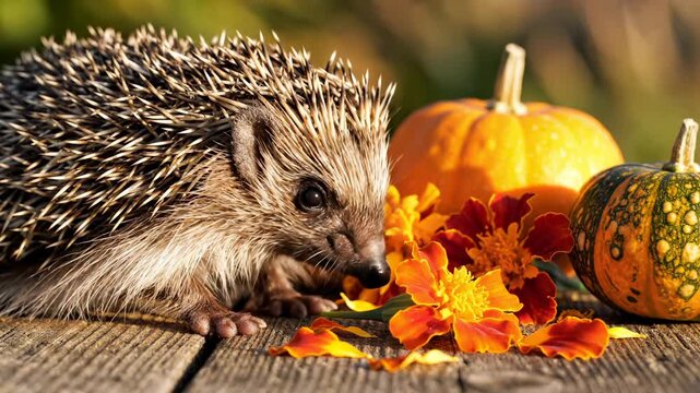 Hedgehog sniffs autumn flowers near pumpkin on wooden deck. Wildlife explores fall decorations with pumpkin and marigold. Hedgehog investigates autumn harvest display. Animal near pumpkin outdoors.