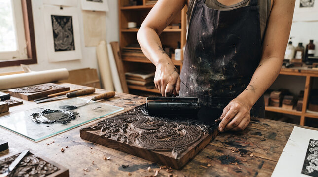Artisan at Work: A person meticulously inks a carved woodblock, preparing to create a print in a well-lit art studio, surrounded by artistic tools and materials.