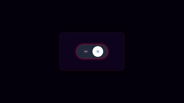 Smooth motion of a glowing digital toggle switch sliding to the on position against a dark minimalist background for modern UI software design.