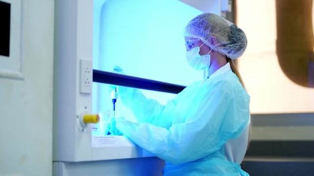 Scientist in protective gear using a micropipette for chemical analysis in a modern laboratory