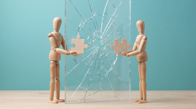 Two wooden mannequins holding puzzle pieces through a cracked glass barrier