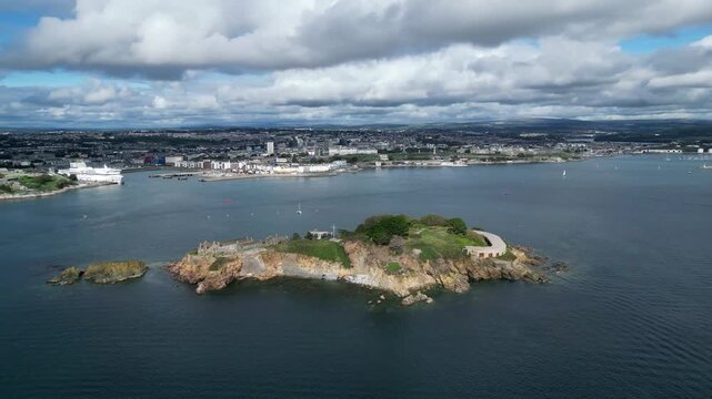 Plymouth, Devon, England: DRONE VIEWS: Plymouth Sound; Drake's Island; Moored passenger ferry; Millbay pier & the River Plym. Plymouth is a busy UK port and largest operational naval base in Europe.