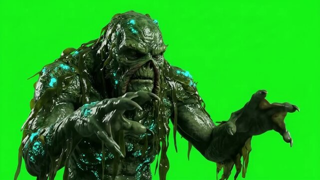 Terrifying 4K Swamp Monster Creature Reaching Forward with Glowing Blue Bioluminescent Details Isolated on Green Screen