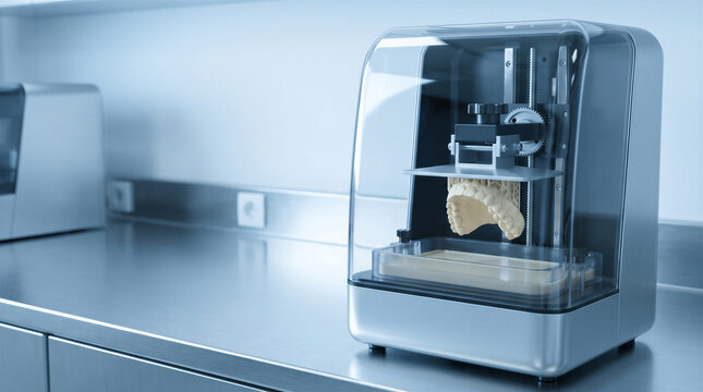 A modern desktop 3D printer actively printing a dental jaw model inside a sterile laboratory setting.