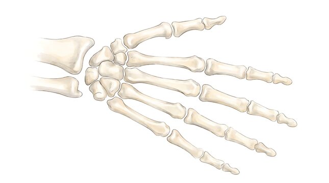 Anatomical illustration of the human hand and wrist bones, showing carpals, metacarpals, and phalanges in a detailed diagram.