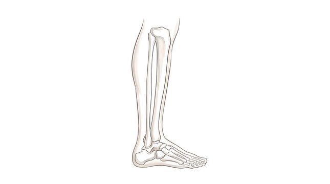 Lateral view of human lower leg and foot skeleton showing tibia, fibula, and ankle bones.