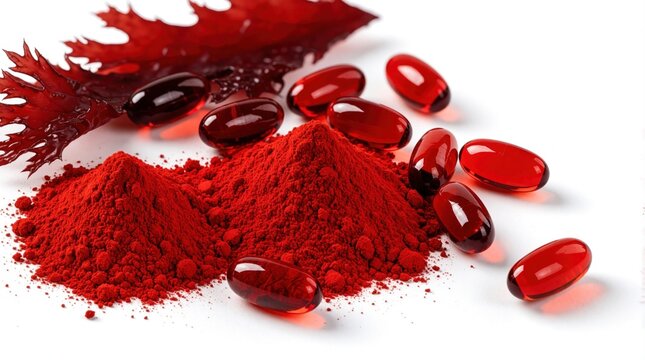 Red astaxanthin powder piles next to softgel capsules, algae seaweed on white background. Natural antioxidant supplement for wellness, skincare. Organic pigment extract from marine algae provides