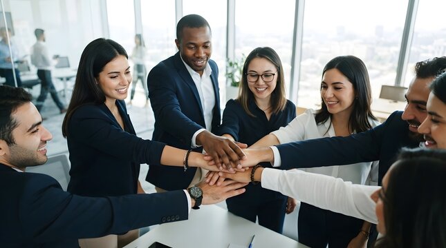 Business team stacking their hands together in the center to show unity and strong partnership.