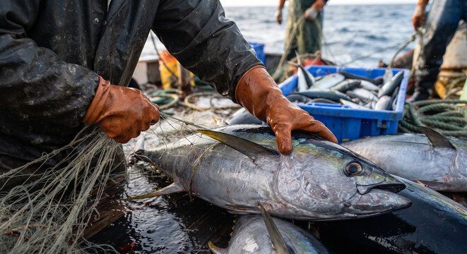 Fresh Catch of the Day: A fisherman in weathered gear carefully handles a large, freshly caught tuna on a boat at sea, with a crate of similar fish in the background.