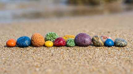 Obraz premium Row of Colorful Textured Stones and Pebbles on a Sandy Beach