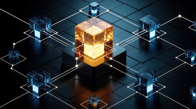 Futuristic digital network with glowing orange cube at center. Blue data blocks connect via light lines on dark grid surface. Isometric 3D visualization of cloud computing, database architecture,