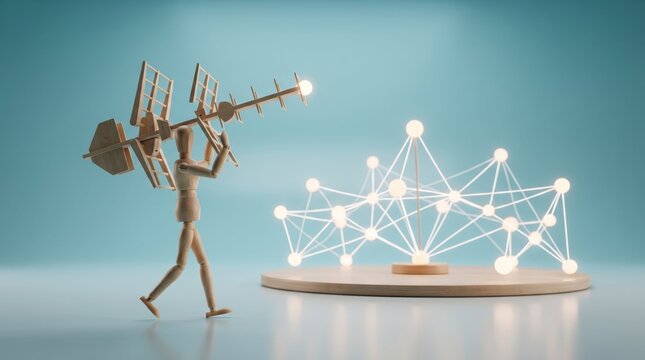 Wooden Mannequin Carrying Satellite Antenna to Glowing Network, Telecommunications and Digital Connectivity Concept