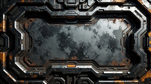 Industrial sci-fi metal panel with weathered texture, rust accents. Symmetrical heavy steel frame design features grunge metallic surface. Futuristic mechanical background for tech space machinery
