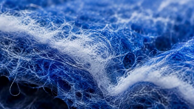 Macro texture of blue and white synthetic cleaning pad fibers. Close-up view of scouring sponge material for household scrubbing