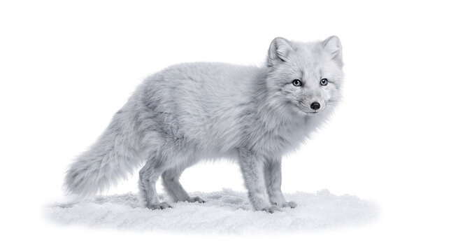 Arctic fox with striking blue eyes standing on snow against a white background